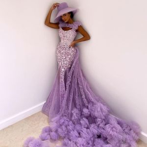 Lavender Backless Mermaid Prom Dresses With Detachable Train Scoop Neck Appliqued Lace Evening Gowns Ruffled Tulle Formal Dress