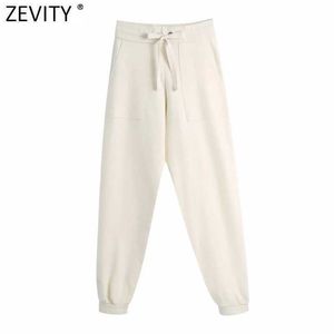 Zevity Women Fashion Solid Color Lace Up Knitting Harem Spodnie Kobiece Chic Kieszenie Patch Casual Slim Sport Jogging Spodnie P1009 210603