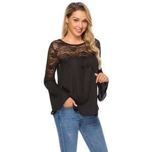 Design Koronki Patchwork Koszula Kobiety Casual Bell Sleeve Tops Bluzka Solid Color Duży Rozmiar Damskie Luźne Topy Koszule Kobiet Blusas /