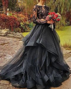 2021 черный Свадебный платье с 2 шт. Готическая иллюзия Кружева кружева Урожай Boho Bridal Dress Couture