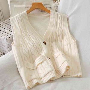 Spring Autumn Women's Vest Japan Vintage Tops V-neck Knit Sweater Coat For Women Pocket Single Breasted Sleeveless Cardigan 210915