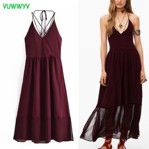 Vuwwwyv Sukienki Kobiety Wino Backless Długie Długa kobieta Lato Szyfon Plisowany Slip Prom Semi Sheer Hem 210430