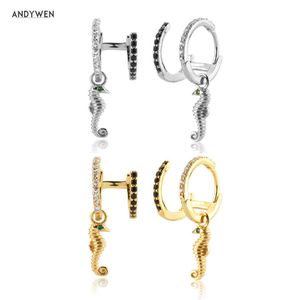 Andywen 925 스털링 실버 골드 블랙 클리어 원형 귀고리 드롭 귀걸이 히포 동물 두 럭셔리 쥬얼리 클립 210608