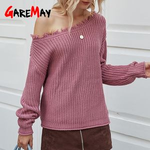 Swetry damskie i swetry z długim rękawem luźne dzianiny pulowerowe damskie dziewiarskie sweter z szczytów ramienia dla 210428