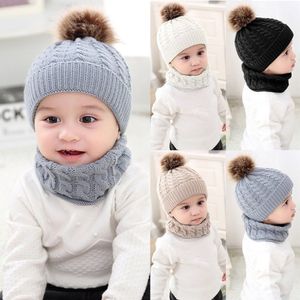 2st Söt barnflicka pojke baby spädbarn vinter varm virkning stickad hatt mössa mössa halsduk solid set hög kvalitet