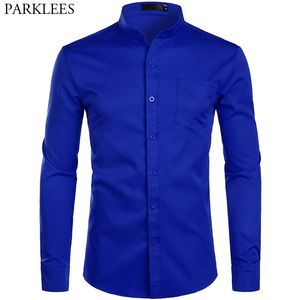 Erkek Kraliyet Mavi Elbise Gömlek Marka Bantlı Mandarin Yaka Erkek Uzun Kollu Casual Düğme Aşağı Cep 2XL 210626