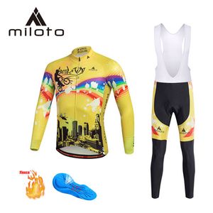 Maglia da ciclismo invernale della squadra gialla 2024 Set abbigliamento da bicicletta da uomo traspirante camicia a maniche lunghe in pile termico pantaloni con bretelle da bici B2