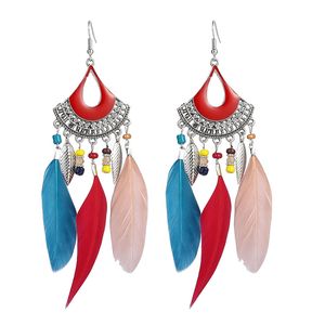 Bohemian Long Feather Dangle Örhängen Studs for Women Beach Chain Tassel Drop Earrings Bröllop Brud Smycken