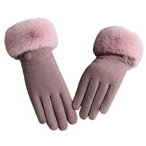 Five Fingers Gloves Women Outdoor Driving Full Finger Elegant Solid Color Button Decor Thicken Plush Lined Winter Touch Screen Mittens Hand