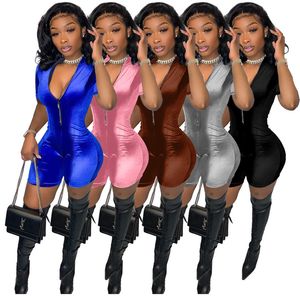 Partihandel Sommar Rompar Kvinnor Velvet Jumpsuits Casual Short Sleeve Zipper Playsuits Bodycon Overaller Bulk Produkter 6982