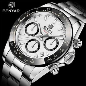 Relojes Hombre Benyar Klockor Män Luxury Brand Chronograph Man Sport Klockor Vattentät Rostfritt Stål Kvartsur 210804