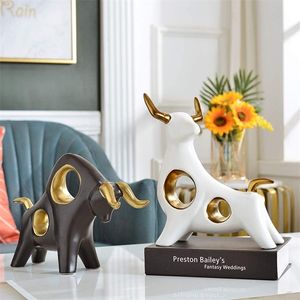 Ox Resin Sculpture Home Decor Bull Statue Living Room Cattle Figurine Ornament Desktop Crafts Abstract Animal 210804