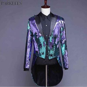 Lila Blå Byte Färger Sequin Long Blazer Jacket Män Nattklubb DJ Prom Blazer Blazer Male Bröllop Groom Stage Costumes 210522