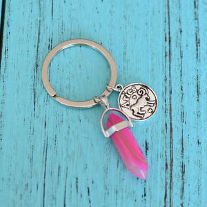 Natural Stone Keychain Pink Purple Crystal Antique Silver Bag Charm Bullet Shape Zodiac Key Chain Rings