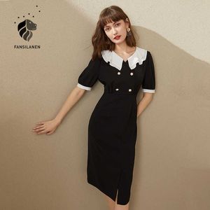 FANSILANEN Ruffle patchwork vintage long black dress Women puff sleeve elegant bodycon Office lady sexy retro party 210607