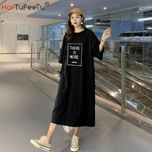 Casual Dresses Loose T Shirt Dress Women Summer 2021 Cotton Oversize Korean Style Midi Letters Print Long Tee Homewear