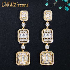 Luxury Full Micro Cubic Zirconia Gold Color Long Women Bridal Wedding Engagement Earrings Jewelry CZ719 210714