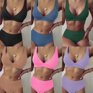 Hohe Taille Bikinis Sport V-ausschnitt Bademode Sexy Reine Farbe Push-Up Badeanzug Brasilianische Strand Badeanzug Frauen Kleidung BeachwearX0523