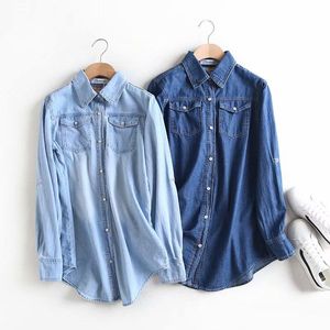 Women's Blouses & Shirts 2021 Spring Women Slim Long Sleeve Blouse Vintage Washed Denim Shirt, Plus Size Casual Blue Jeans Shirt Brand Camis