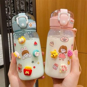 500/350Ml Cartoon Cute Straw Plastic Water Bottle Bpa Free Outdoor Transparent Juice Drinking Cup Suitable For Adult Children 211122