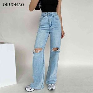 Women's Fashion Jeans High Waist Ripped Wide Leg Loose Denim Trousers For Female Baggy Mom Straight Pants Casual Y2k Jean 210629