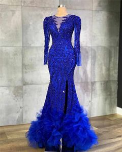 2020 Royal Blue Long Sleeves Mermaid Prom Dress Sexig spets Appliced ​​Evening Gown High Side Split Formal Party Dress