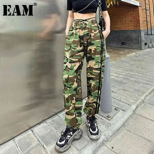 [EAM] Hög elastisk midja Camouflage Green Long Harem Trousers Loose Fit Pants Kvinnor Mode Vår Sommar 1DD8801 210512