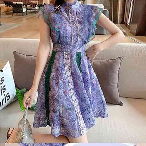 Purple Mesh Summer Dress Woman High Waist O-neck Elegant es Clothing Sleeveless Lace Party Mini Female Vestido 210603