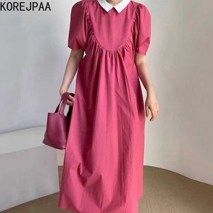 コレヒパアの女性は韓国シックな夏の穏やかなバラの人形の襟ステッチの緩いラフされたバブルスリーブロングヴェステド210526