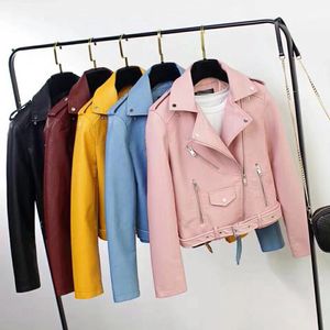 Jaqueta de couro feminina sólida com faixa virada para baixo-colar Slim Fit Womans Roupas Autumm Motocicleta Casacos de Inverno Feminino