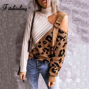 Fitshinling 한 어깨 빈티지 스웨터 여성 의류 레오파드 패치 워크 슬림 패션 점퍼 가을 니트 풀오버 판매 210914