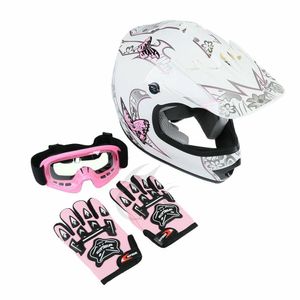 Motocicleta Dot Jovem Full Face Child Criança Adulto Borboleta Rosa Borboleta ATV Motocross Ciclismo Capacete + Goggles Luvas S-XL
