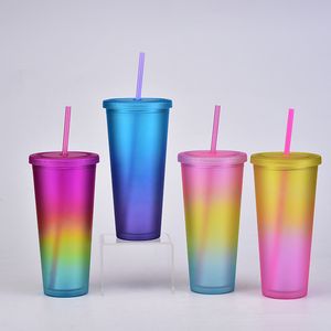 Double-layer Plastic Matte Tumblers Rainbow Straw Cup with Lid Outdoor Sport Water Bottle Portable Drinking Cup Coffee Tea Mug