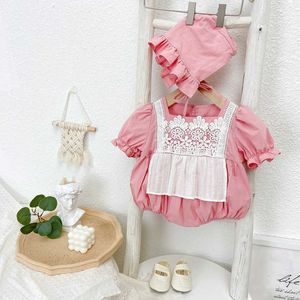 Spanska född baby romer och hatt 2pcs kläder set för tjejer lolita spets prinsessa outfit onesie 210529