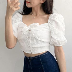 Women's Blouses & Shirts Summer Ladies Off Shoulder Shirt Blouse Solid Stylish Casual Beach Blusas Women Short Sleeve Knot Buttons Strappy S