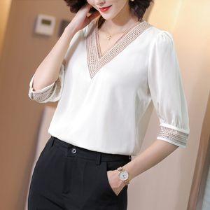 韓国の重いシルクの女性のブラウスシャツ刺繍トップスプラスサイズ白VネックブリューズMujer de Moda 210427