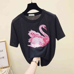 Summer Woman Casual Krótki Rękaw O Neck Sequined T-Shirt Damskie Tee Tees Uczniowie Bawełniane Topy A739 210428