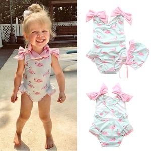 Ins Baby Girls Swimwear with Caps Lovely Bebe Flamingo Pattern Infant Beach Suit Toddler Clothing 210529