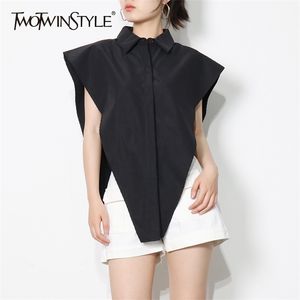 Minimalist White Shirt For Women Lapel Sleeveless Casual Blouse Sexy Female Fashion Clothing Style 210524