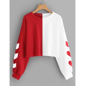 Hoodies kvinnor höst vinter långärmad rund hals pullovers hjärta utskrift tvåfärgade sömmar casual sweatshirt toppar 210422