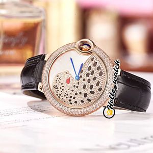 Modische Damenuhren, 36 mm, Conch-3D-Leoparden-Zifferblatt, Schweizer Quarz-Damenuhr, Saphir-Roségold, Stahl, Diamant-Lünette, Lederarmband, Hello_Watch HWCR