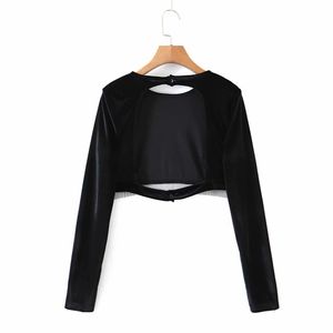 Sexy Frau Samt Open Back Stretchy Kurze Tops Frühling Mode Damen Weiche Perlen Patchwork T-Shirt Weibliche Vintage Outwear 210515