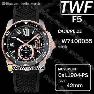 TWF F5 Caliber De Dive W7100055 CAL.1904-PS MC 자동 망 시계 슈퍼 빛나는 세라믹 베젤 블랙 다이얼 2 톤 스틸 케이스 고무 시계 Hello_Watch