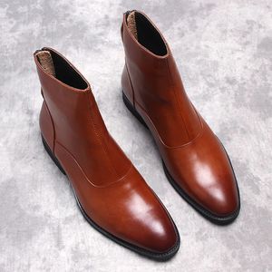 Homens Chelsea Botas de tornozelo Brogue de couro genuíno Vestido elegante zíper de inverno / primavera