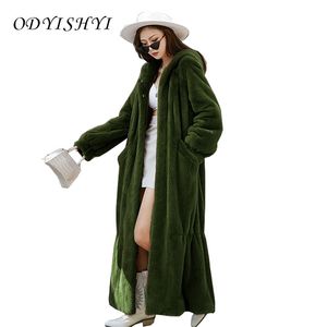 Luxury Fur Coat Women Winter Imitation Rex Kanin Jacka Hooded Parka X-Long Overcoat Kvinna Varm Outwear Plus Storlek D13 211220