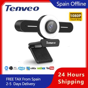 TENVEO-T1 USB-PC-Webcam, Streaming HD 1080P, integriertes, verstellbares Ringlicht und Mikrofon, Computer-Webkamera mit Sichtschutz