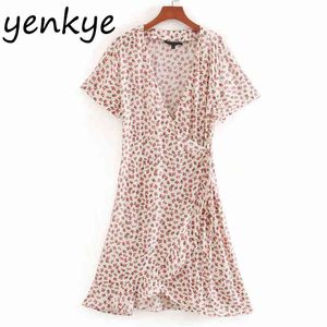 Vintage Kvinnor Söt blommigt tryck Wrap Klänningar Kortärmad Cross V Neck A-Line Sundress Robe Femme Casual Holiday Summer Dress 210515