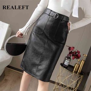 REALEFT Autumn Winter Black PU Leather Elegant Pencil Midi Skirts Pockets High Waist Back Split Sheath Wrap with Belt 210629