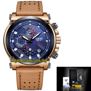 Lige Eternity Lige9856 Esporte Mens Relógios Data Dial Ponteiro Silvery Japão VK Quartzo Cronógrafo Movimento Homens Assista Black Bezel Liga Caso Caixa De Couro Marrom