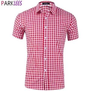 Red Gingham Plaid Shirts for Men Summer Slim Fit Short Sleeve Shirt Men Business Formal Button Up Checkered Shirt Male 2XL 210522